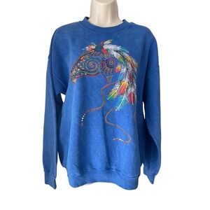 90s Western Horse Graphic Sweatshirt Blue Cowboy Boho Embroidered | Womens Large